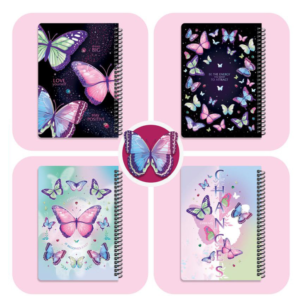 دفتر ۱۰۰ برگ سیمی جلد سخت با استیکر طرح پروانه (برند لانگو)